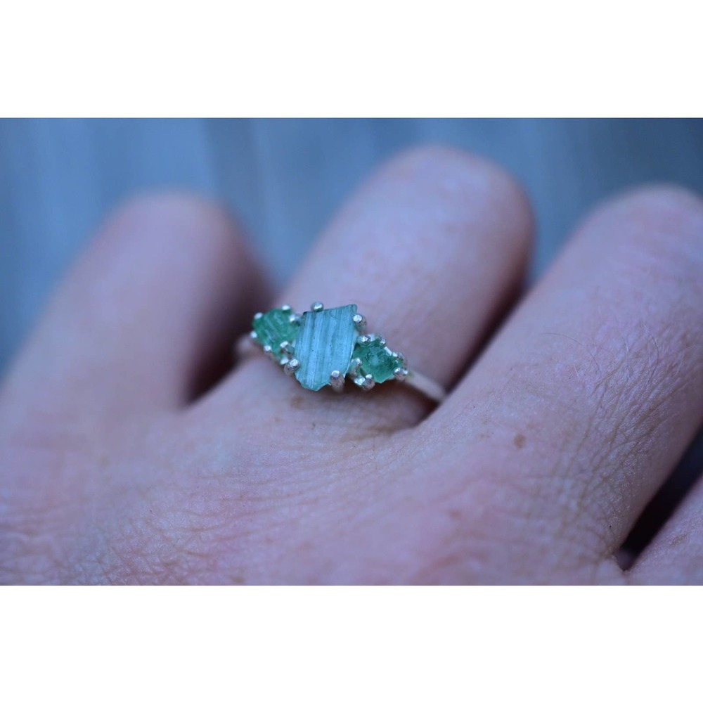 Light green emerald and green tourmaline ring, raw stone rings, - Picture 6 of 6
